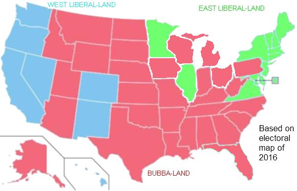 If the U.S. devolved into three countries, we'd have liberal elites on the coasts and conservative bubbas in the middle