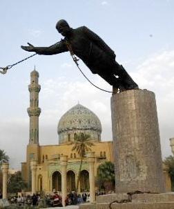 The famous April 2003 toppling of Saddam Hussein�s statue in Firdos Square in Baghdad shortly after the Iraq War invasion