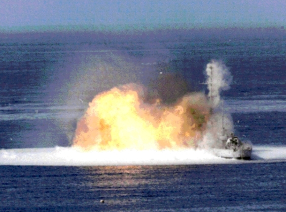 Here a fuel-air explosive is used against a military ship Here a fuel-air explosive is used against a military ship